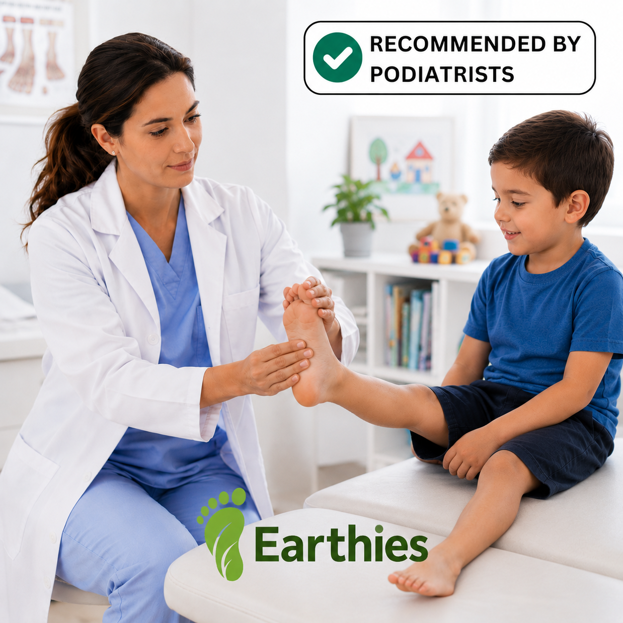 Podiatrist examining a child's foot with Earthies branding and 'Recommended by Podiatrists' badge.